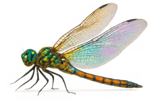 Colorful iridescent dragonfly with transparent wings flying, macro isolated on a checkerboard background