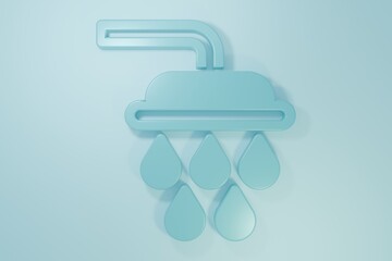 Blue Shower head with water drops flowing icon isolated on blue background. Minimalism concept. 3D render illustration