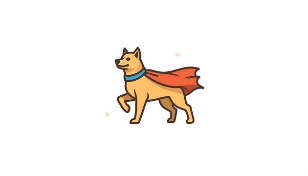Cartoon dog struts confidently, wearing a flowing cape; sparkles add flair on a blank, white background