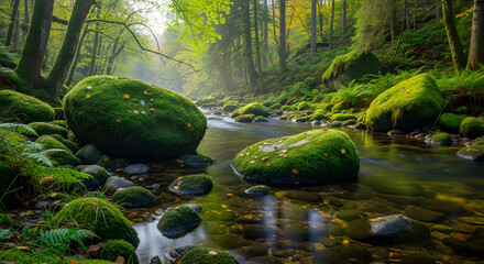 Enchanting river flowing through the vibrant forest ecosystem, lush vegetation