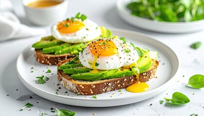 Two Delicious Avocado Toast Slices Topped With Poached Eggs And Fresh Herbs In Natural Lighting On A White Plate