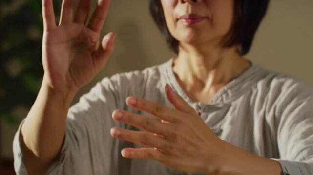 Close-up of an Asian woman practicing Tai Chi with hands in focus.
