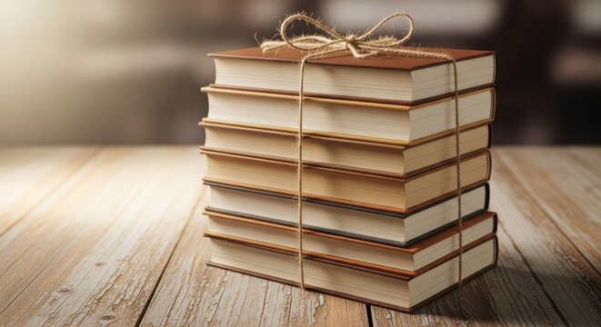 Stack of vintage books tied with twine on a wooden table, creating a warm and inviting atmosphere for reading and learning