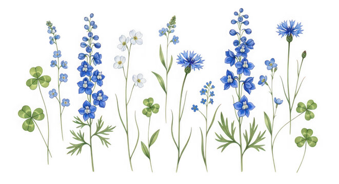 Watercolor illustration of blue delphinium and cornflower flowers with clover, isolated on transparent background