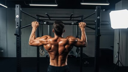 Muscular man performing pull-ups in the gym, fitness training and building upper body strength for - Powered by Adobe