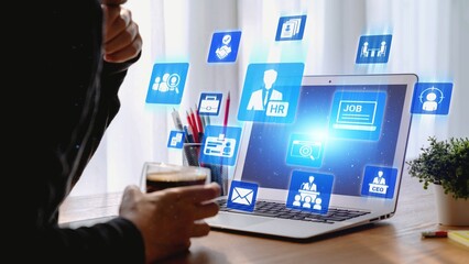 Job search icons show recruitment, HR management, and employee career growth. Job search helps...