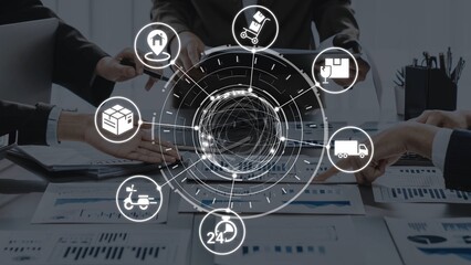 Goods delivery tracking icons show shipping, goods delivery routes, and loFunnelics monitoring....