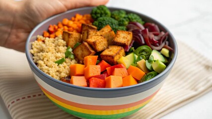 Allergy aware cooking. Colorful Vegan Grain Bowl with Tofu, Broccoli, Carrots, Bell Peppers, and Grains Offering Healthy Vibrant Meal