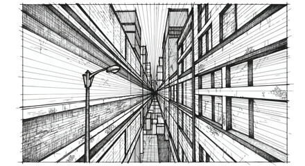 Abstract perspective modern architecture corridor vector line art illustration.