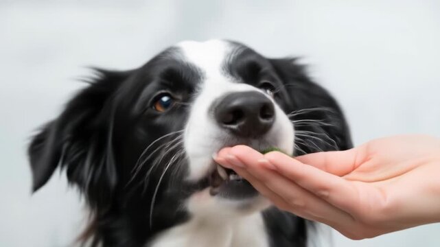 A close-up of a black and white dog eating a slice of cucumber from a hand