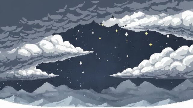 Pixel Art Nightscape: A serene animated scene of snow, clouds, and twinkling stars over a peaceful