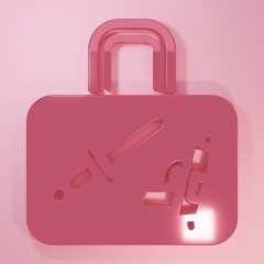 Pink Suitcase for travel icon isolated on pink background. Traveling baggage sign. Travel luggage icon. Minimalism concept. 3D render illustration