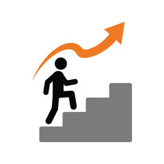 Fototapeta premium Silhouette figure climbing stairs towards upward orange arrow symbolizing success and growth