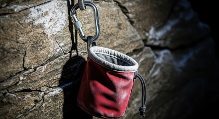 A red chalk bag hangs from a carabiner on a rough, textured rock wall, essential for rock climbing and bouldering adventures outdoors
