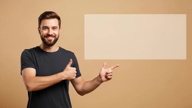 Smiling man with beard gestures with thumb up and points to blank rectangle