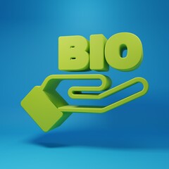 Green Bio green healthy food icon isolated on blue background. Organic product. Healthy food sticker. Minimalism concept. 3D render illustration