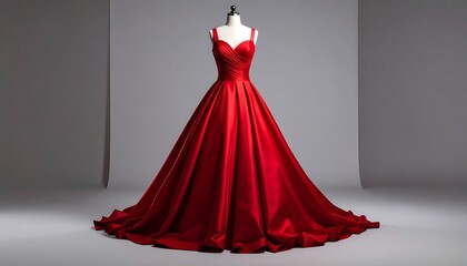 A radiant, flowing red gown displayed on a mannequin against a gray backdrop, showcasing its elegant design