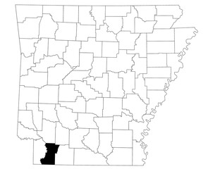 Map of Lafayette County in Arkansas state on white background. Single county map highlighted by black colour on Arkansas map. UNITED STATES, US
