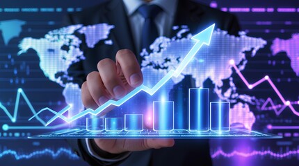 A futuristic business concept showing a human hand holding a glowing 3D holographic financial graph