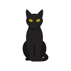 Mysterious black cat with bright yellow eyes sitting alertly and looking forward