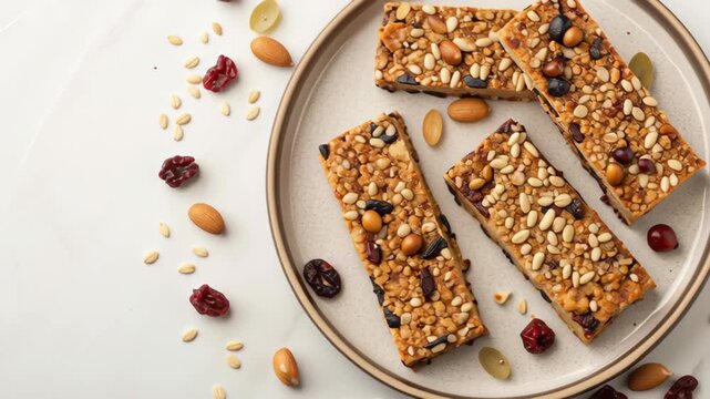 Allergy aware cooking. Plate of Granola Bars with Nuts and Dried Fruits on White Background Creating Healthy Snack Option for Nutritious Plate