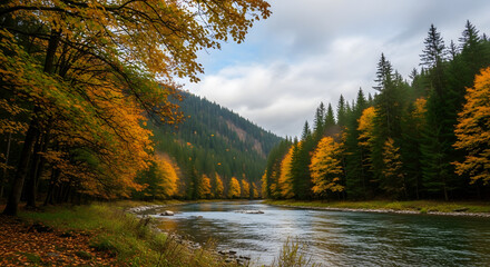 Scenic beauty of an autumn river surrounded by vibrant foliage forest