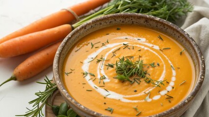 Allergy aware cooking. Rustic Bowl of Creamy Carrot Soup Garnished with Fresh Herbs and Rosemary Surrounded by Fresh Carrots and Cream