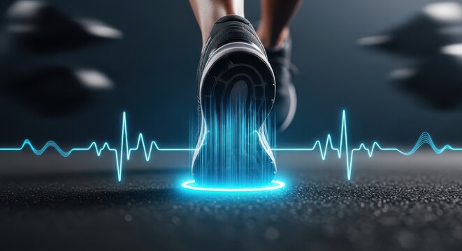Close-up of a Runner's Foot with a Digital Heartbeat and Neon Glow. Concept for High Performance, Health Monitoring, Fitness Technology, and Energy.