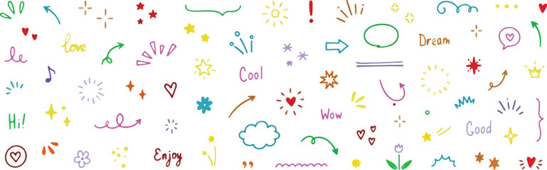 Colorful hand-drawn doodle elements for decoration on a white background design.