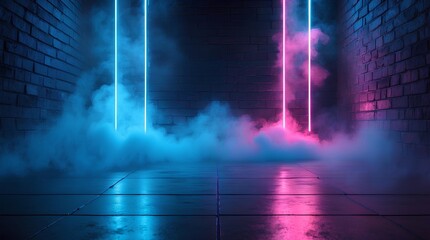 Abstract futuristic background with a dark brick wall illuminated by glowing blue and pink neon lights