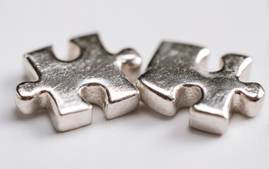 Two chrome-like jigsaw puzzle pieces poised to connect on a white surface