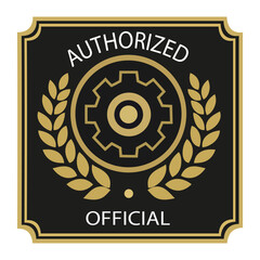 Authorized official service provider badge with gear icon and gold laurel wreath on black square label vector design