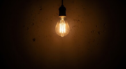 A glowing vintage light bulb hangs against a dark, textured wall, casting a warm, inviting light in a dimly lit space