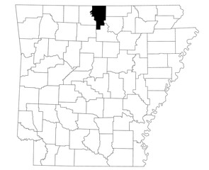 Map of Baxter County in Arkansas state on white background. Single county map highlighted by black colour on Arkansas map. UNITED STATES, US