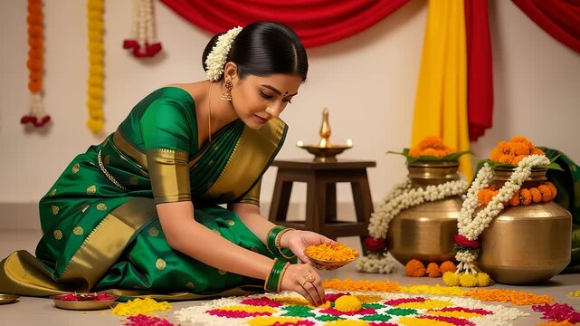 Beautiful Woman Creating Colorful Rangoli Art for Hindu Festival Celebration at Home
