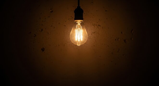 A glowing vintage light bulb hangs against a dark, textured wall, casting a warm, inviting light in a dimly lit space