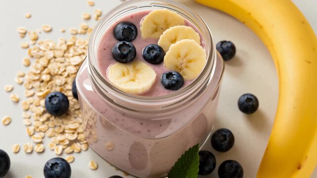 Allergy aware cooking. Creamy Smoothie Jar with Fresh Banana, Blueberry, and Oats Healthy Blend of Banana Slices and Blueberries