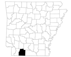 Map of Columbia County in Arkansas state on white background. Single county map highlighted by black colour on Arkansas map. UNITED STATES, US