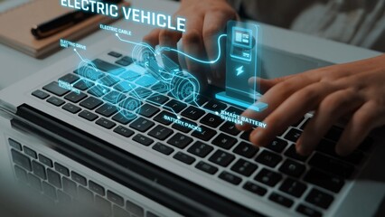 Structure of electric car showing battery system, traction motor, control units, and charging...