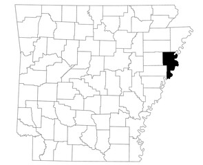 Map of crittenden County in Arkansas state on white background. Single county map highlighted by black colour on Arkansas map. UNITED STATES, US