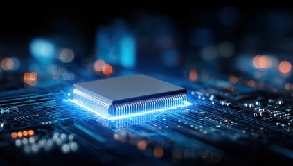 Illuminated central processor unit on circuit board with soft bokeh background
