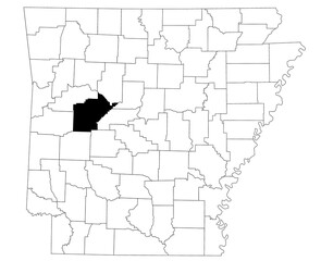 Map of yell County in Arkansas state on white background. Single county map highlighted by black colour on Arkansas map. UNITED STATES, US