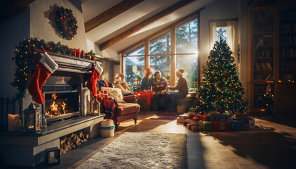 Warm American family Christmas scene with decorated living room and fireplace