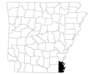 Map of chicot County in Arkansas state on white background. Single county map highlighted by black colour on Arkansas map. UNITED STATES, US
