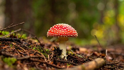 A red and white mushroom stands out among forest floor debris in a blurred green bokeh background