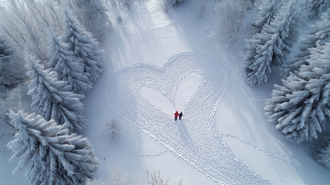 Aerial view of couple in Santa hats creating giant heart shape in snow with their footprints, walking pattern visible, standing in center of heart embracing, snowy field landscape, pine forest border