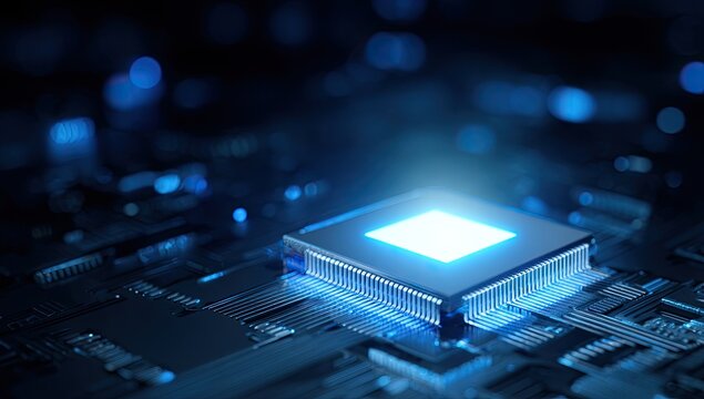 Close-up shot of illuminated blue chip on a circuit board with soft blurry bokeh