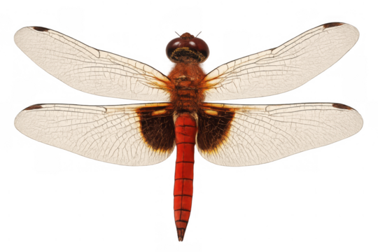 Red dragonfly with white wings flying, odonata insect with transparent background, nature, animal, entomology