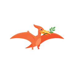 Friendly orange pterodactyl with green leaf in mouth flying through sky © azad