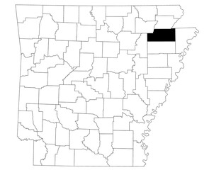 Map of craighead County in Arkansas state on white background. Single county map highlighted by black colour on Arkansas map. UNITED STATES, US